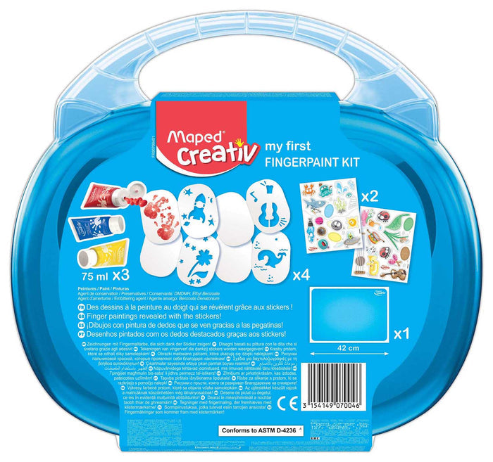 Blue plastic carry case containing three tubes of finger paint, stickers, activity sheets, and a blue plastic play mat.