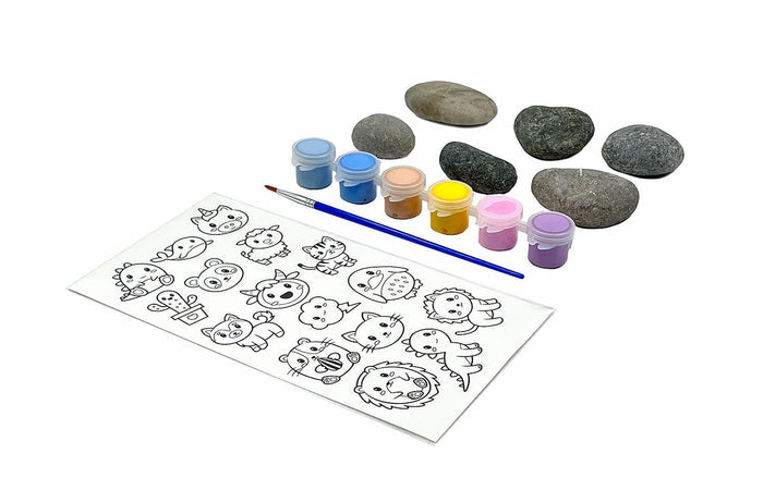 Seven smooth river stones, seven colorful paint pots, a blue brush, and a sheet of cute animal line-art transfers.
