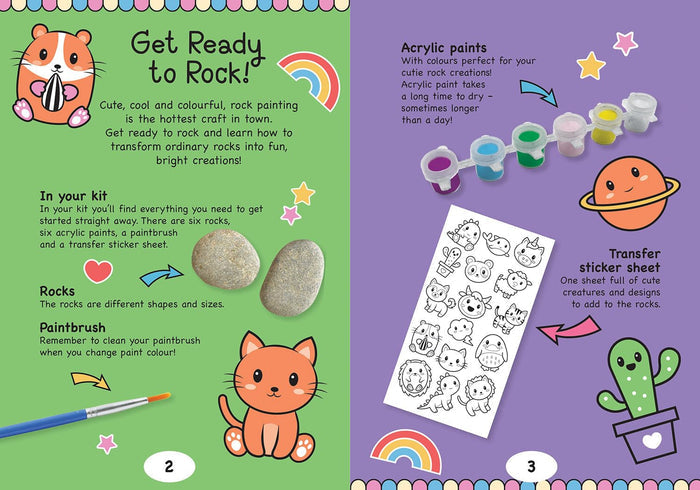 Vibrant instruction booklet pages showing rocks, acrylic paints, a sticker sheet, and cute animal illustrations.
