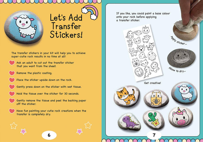 Instructional pages for a craft kit showing steps to apply cute animal stickers like sheep and tigers to painted rocks.