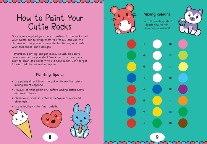 Instruction manual pages with rock painting tips and a color mixing guide featuring cute animal illustrations.