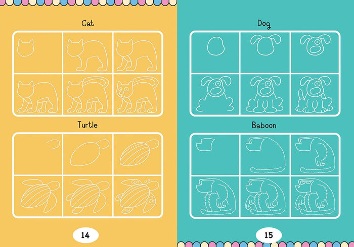 Step-by-step white line drawing guides for a cat, turtle, dog, and baboon on yellow and teal background pages.