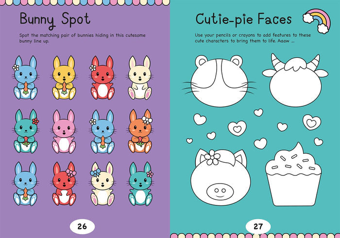 Two activity book pages with a colorful bunny matching game and line-art drawings of cute characters and a cupcake.