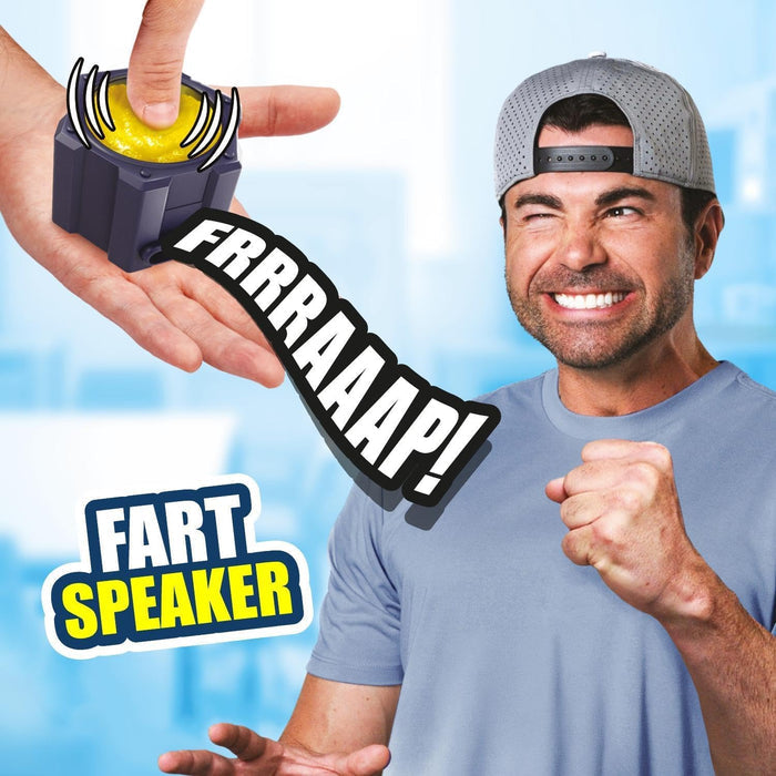 Man reacts as a finger presses yellow slime into a purple Fart Speaker box, with large FRRRAAAP! text.