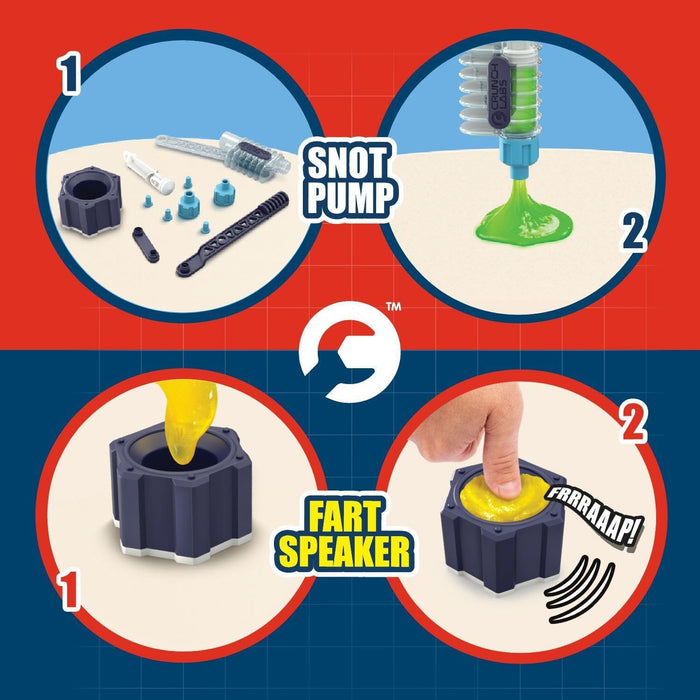 Step-by-step diagrams showing assembly and use of a green slime pump and a yellow slime fart speaker.