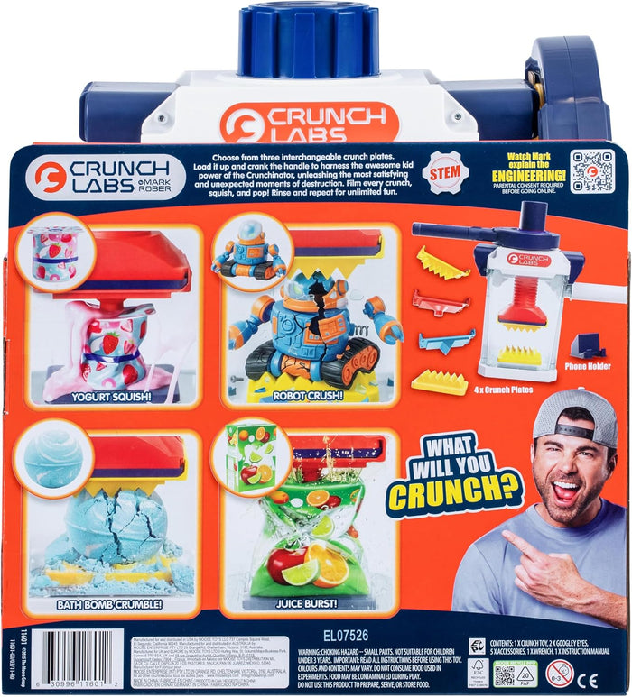 Colorful Crunchinator box showing the toy crushing a robot, yogurt cup, and juice pouch, featuring Mark Rober.