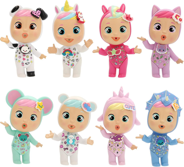 Eight colorful mini baby dolls in animal-themed onesies like a unicorn and dinosaur, with large expressive eyes.
