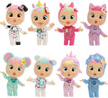 Eight colorful mini baby dolls in animal-themed onesies like a unicorn and dinosaur, with large expressive eyes.