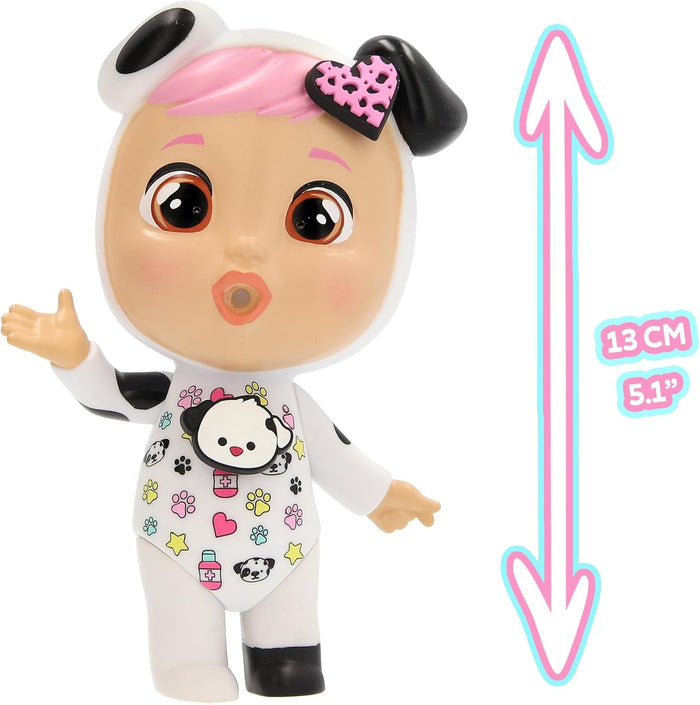 Pink-haired doll in a Dalmatian onesie with paw prints; height graphic shows 13 cm or 5.1 inches.