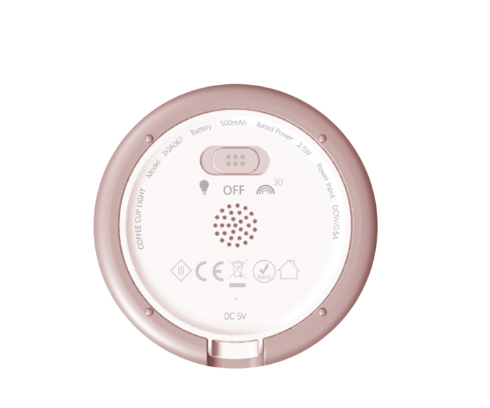 Rose gold circular base of a lamp with a light, off, and timer switch, ventilation holes, and a charging port.