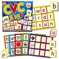 CVC Bingo game set with six colorful grid boards, cartoon animal illustrations, and small yellow square letter tiles.