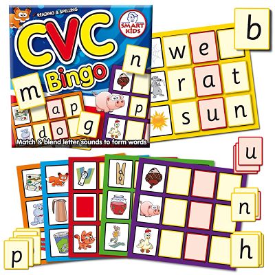 CVC Bingo game set with six colorful grid boards, cartoon animal illustrations, and small yellow square letter tiles.