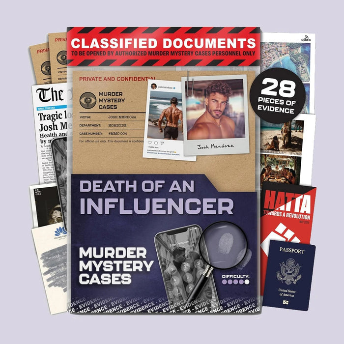 Death of an Influencer murder mystery case file game with photos, newspaper, and evidence documents.