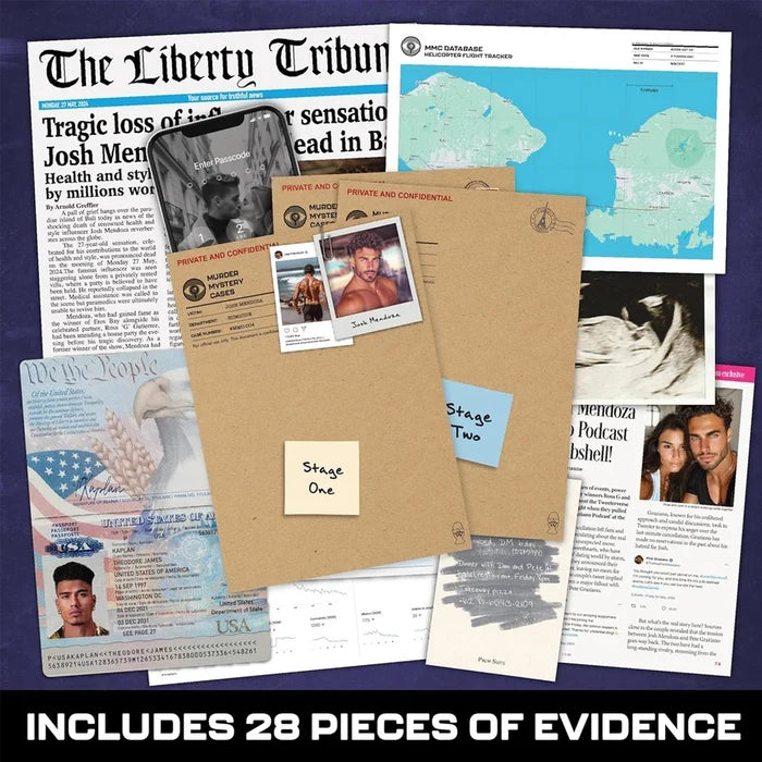 A flat lay of a mystery evidence box set labeled 'INCLUDES 28 PIECES OF EVIDENCE' on a dark blue background. The set includes a brown cardboard envelope, a black smartphone, a newspaper page, a map, a passport-style photo, and other printed evidence pieces arranged in a collage.