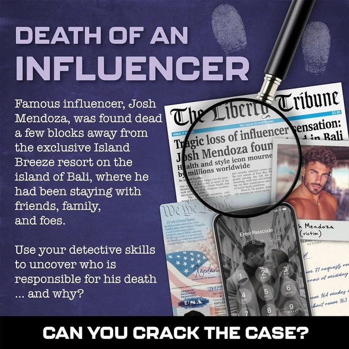 A promotional graphic for a true crime mystery game titled 'DEATH OF AN INFLUENCER'. The design features a dark purple background with white text, a magnifying glass over a newspaper, a smartphone showing a call log, and a newspaper clipping.