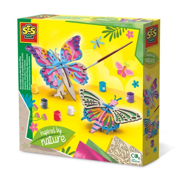 SES Creative craft kit box showing two 3D wooden butterflies being painted with colorful paints and a brush.