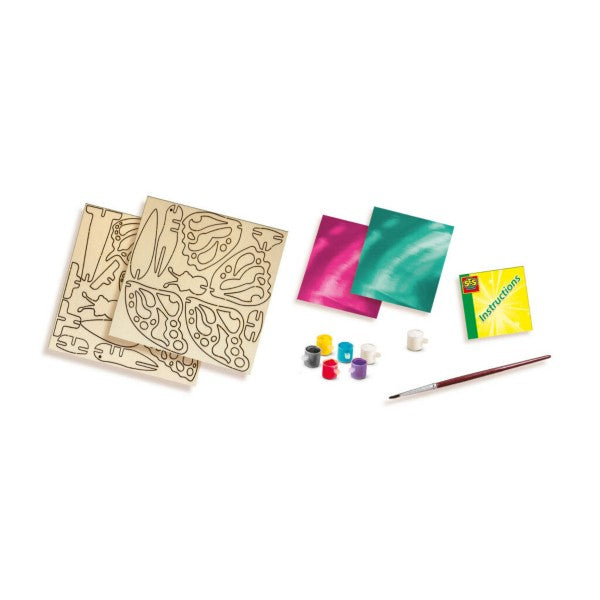 Two wooden sheets with butterfly punch-outs, pink and green foil, six paint pots, paintbrush, and instructions.