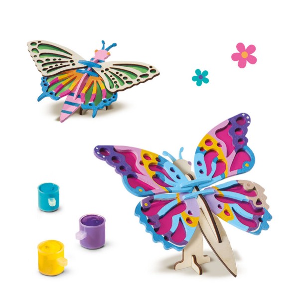 Two colorful 3D wooden butterflies with bright paint designs shown with three paint pots and decorative flower accents.
