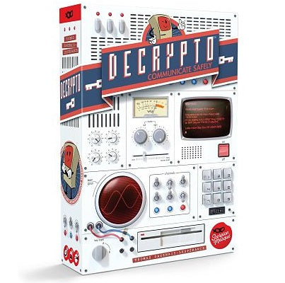 Decrypto board game box featuring a retro white computer design with dials, switches, and a red oscilloscope screen.