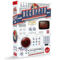 Decrypto board game box featuring a retro white computer design with dials, switches, and a red oscilloscope screen.
