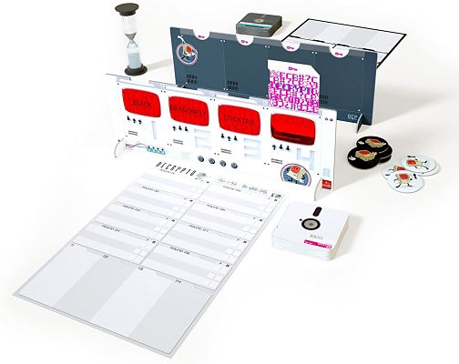 White screen with four red windows showing words, code cards, a sand timer, and a notepad on a white background.