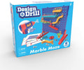 Toy box showing a blue pegboard, red power drill, and colorful track pieces used to build a custom marble run.
