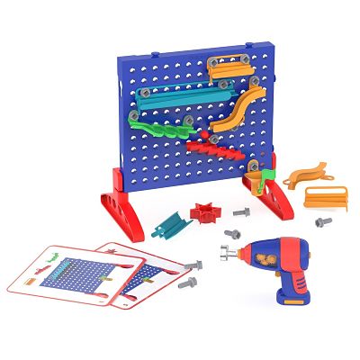 Colorful marble run toy on a blue pegboard with red legs, a toy power drill, bolts, and design cards.