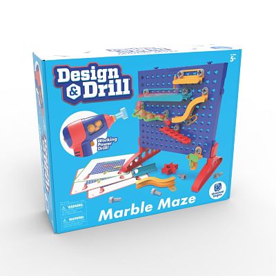 Blue box for a marble maze toy featuring a purple pegboard with colorful tracks, red legs, and a toy power drill.