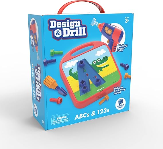Blue toy box showing a toy power drill, colorful bolts, and an activity board with a green alligator and letter A.