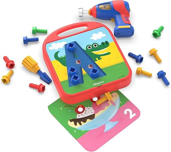 Red toy case with letter A and blue bolts, colorful toy drill, screwdriver, and activity card showing number 2.