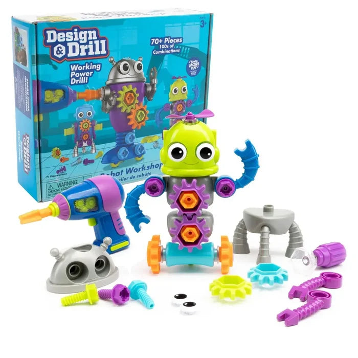 Toy robot workshop with a green robot, blue drill, and colorful plastic bolts and gears in front of its retail box.