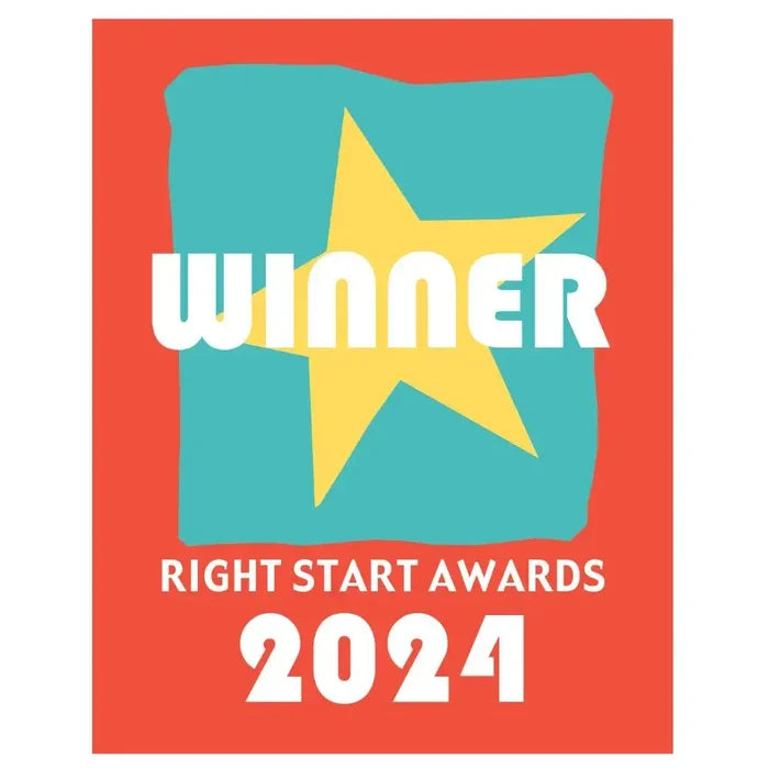 Winner Right Start Awards 2024 logo featuring a yellow star on a teal background with a bright red border.