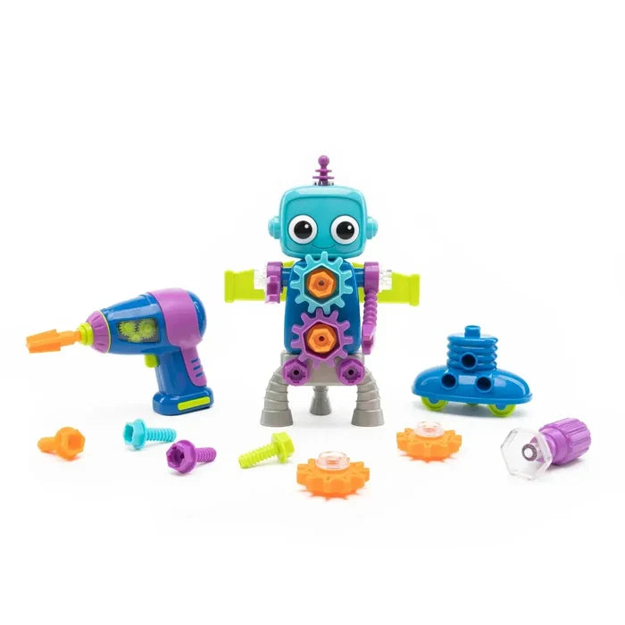 Blue toy robot with gears, purple and blue toy drill, and colorful plastic bolts on a white background.