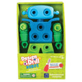 Blue and green plastic toy robot in its box with large colorful screws and a kid-friendly red screwdriver.