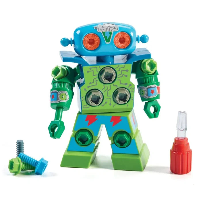 Blue and green plastic toy robot with large orange eyes, decorative bolts, and a small red screwdriver tool.