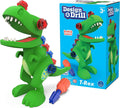 Green toy T-Rex with red and blue bolts and an orange screwdriver next to its bright blue product box.