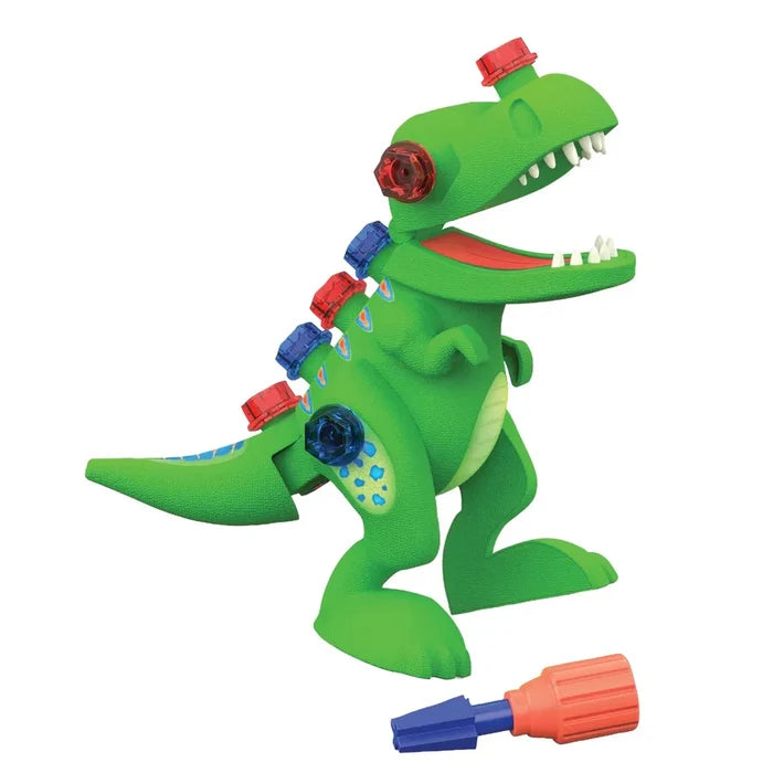 Textured green toy T-Rex with open mouth, red and blue translucent bolts, and a toy screwdriver tool.