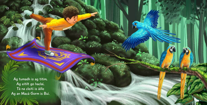 A boy in orange flies on a purple yoga mat through a jungle with blue macaws and a waterfall.