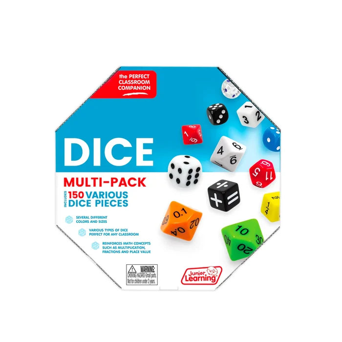 Octagonal blue box displaying a variety of colorful dice with pips, numbers, fractions, and math operations.