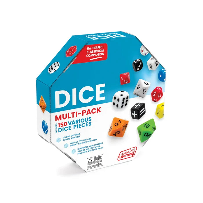 Hexagonal blue box of 150 assorted colorful dice including standard, polyhedral, and math operator styles.