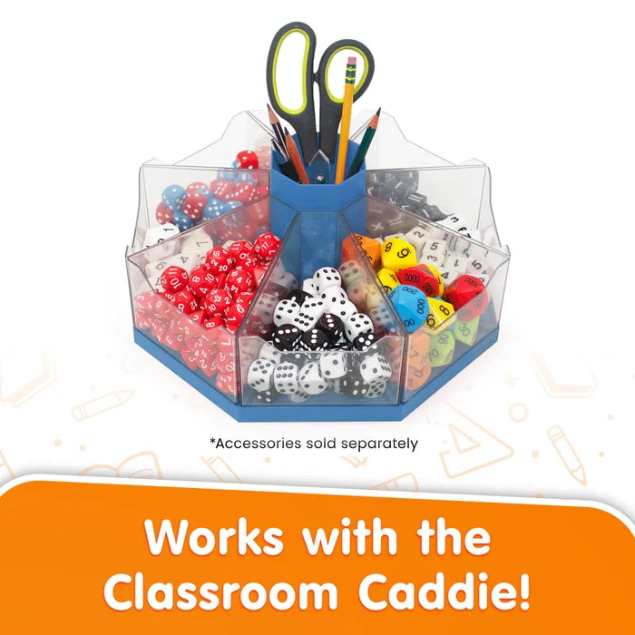 150 assorted colorful polyhedral and standard dice organized within a clear hexagonal classroom caddie.