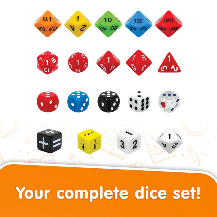 Variety of colorful math dice including place value, polyhedral, pip, fraction, and operation dice.