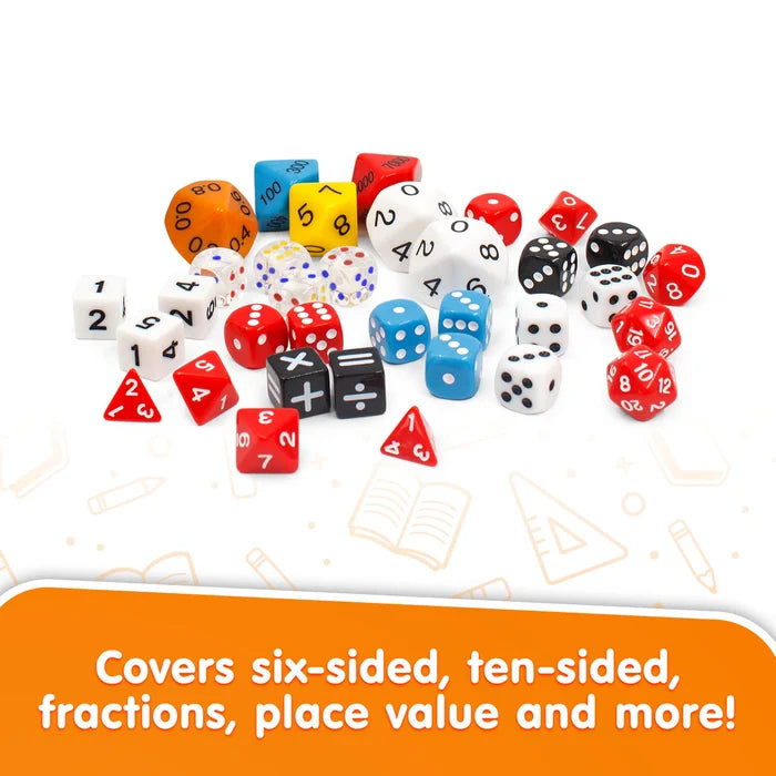 A pile of colorful multi-sided dice featuring numbers, math operators, fractions, and place values.