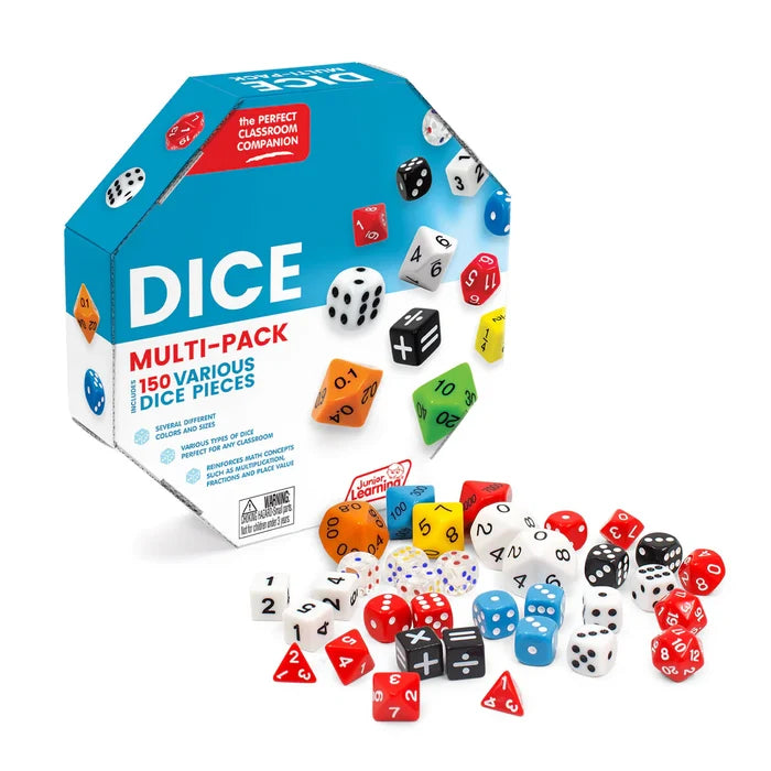 Hexagonal blue box with a variety of colorful polyhedral and math dice scattered on a white background.