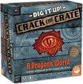 Blue board game box styled like a wooden crate with a realistic orange dragon eye peeking through a central crack.