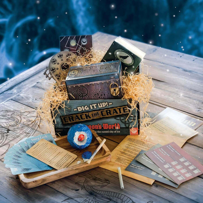 Blue game crate containing a locked treasure chest, story cards, and a blue egg to dig open in an icy setting.