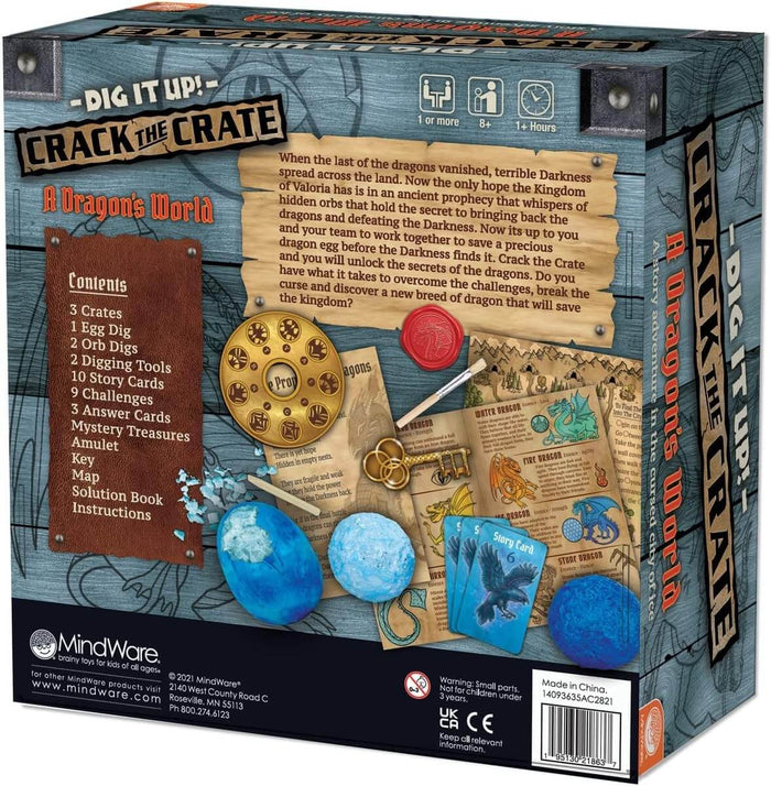Back of blue board game box showing dragon-themed items: blue orbs, digging tools, gold key, and illustrated story cards.