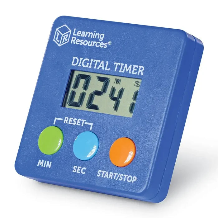 Blue square digital timer with an LCD screen and green, light blue, and orange round buttons.