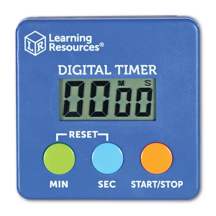 Blue square digital timer with an LCD screen and three large round buttons in green, light blue, and orange.