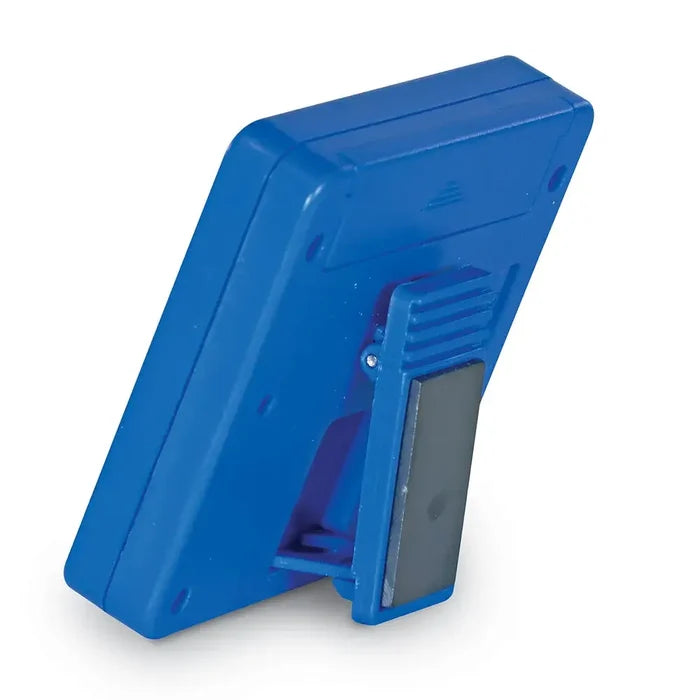 Back view of a blue rectangular digital timer featuring a plastic clip with an attached black magnet.